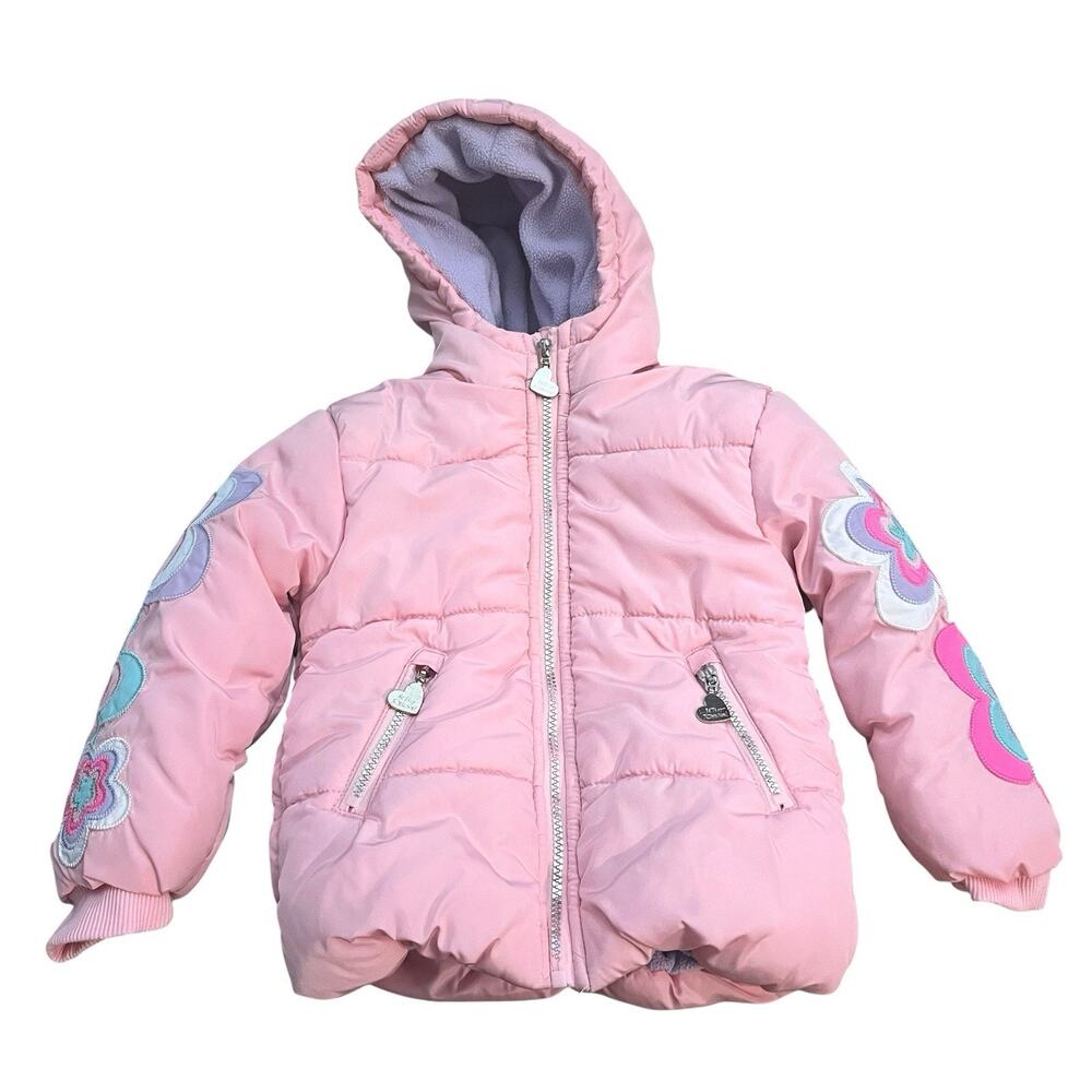 Betsey Johnson Girls Pink Puffer Jacket Size 4 Youth Floral Hooded Fleece Lined